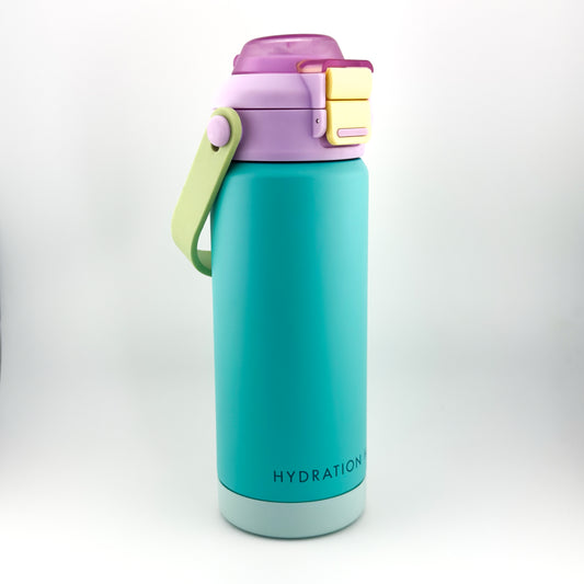 Minty Drop water bottle side view showing double-wall stainless steel finish – Hydration Haus