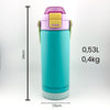 Teal water bottle with pink lid and yellow accents, showing measurements and brand name on a white background.