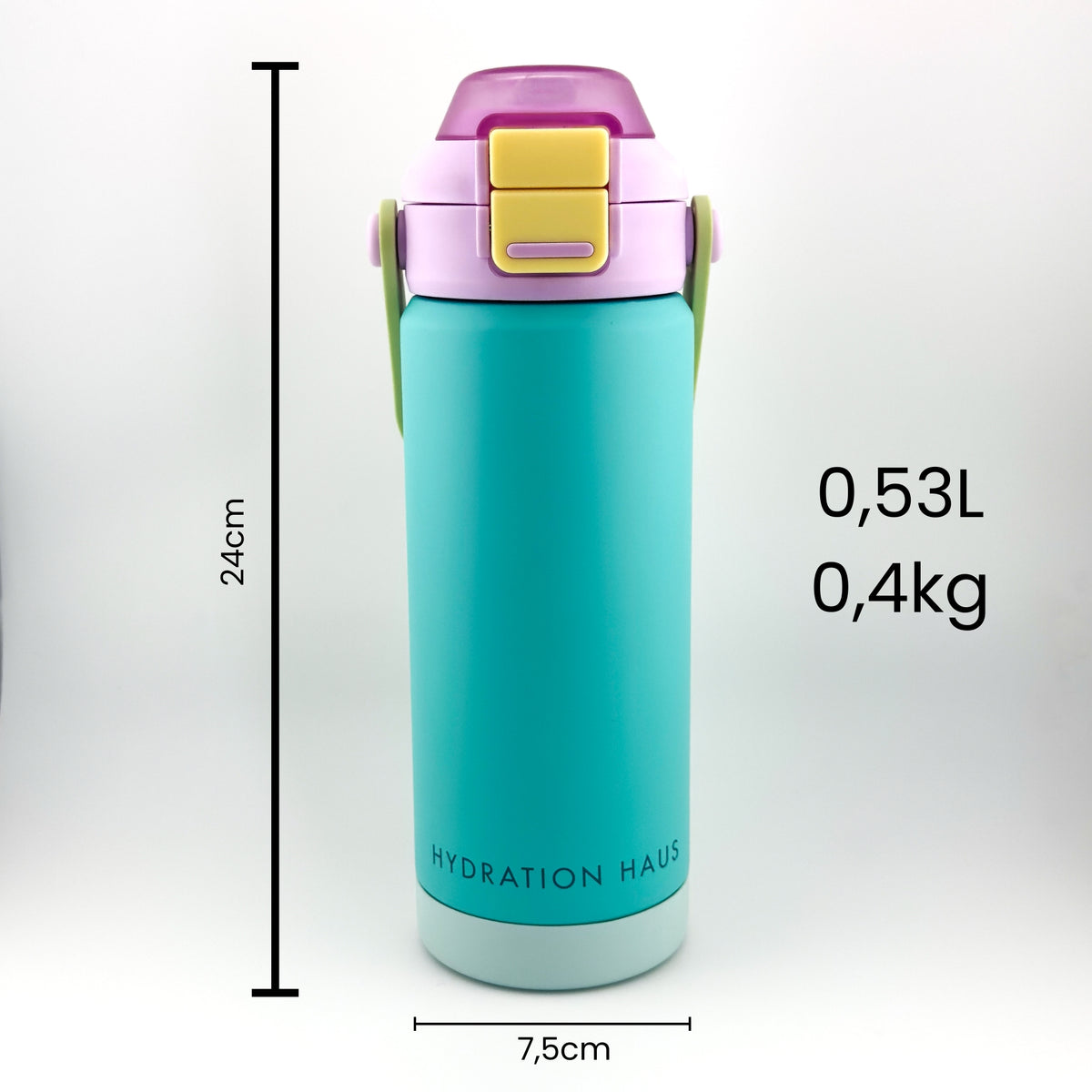 Teal water bottle with pink lid and yellow accents, showing measurements and brand name on a white background.