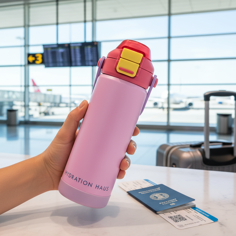 Pink bottle held in airport terminal
